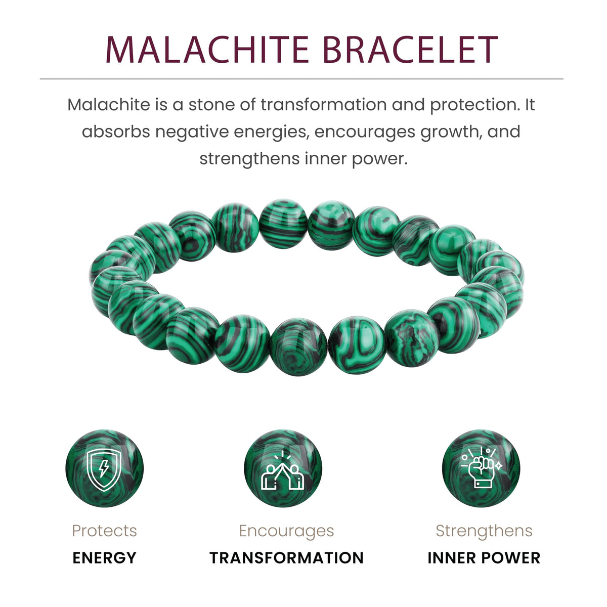 Crystal Vibe Malachite Bracelet for Protection & Growth – Natural Healing Stone 8mm Beaded Bracelet for Women Men – Adjustable Size