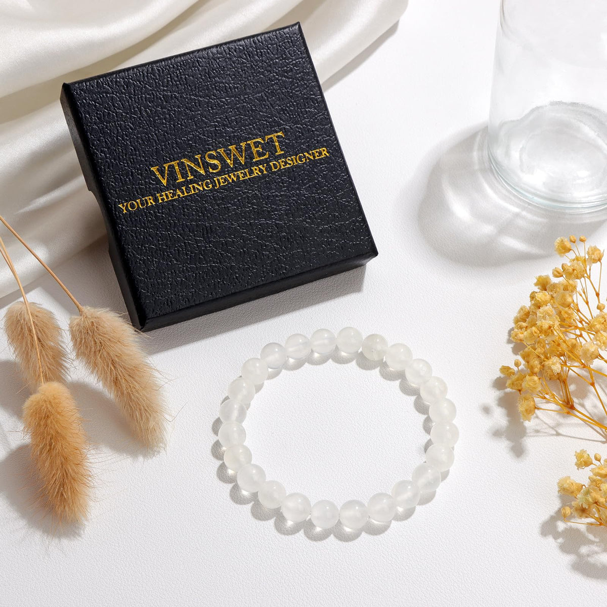 Vinswet Healing Crystal Bracelets for Women Men 8mm Selenite Natural Stone Beaded Stretch Bracelet Handmade Gemstone Reiki Spiritual Jewelry Gifts