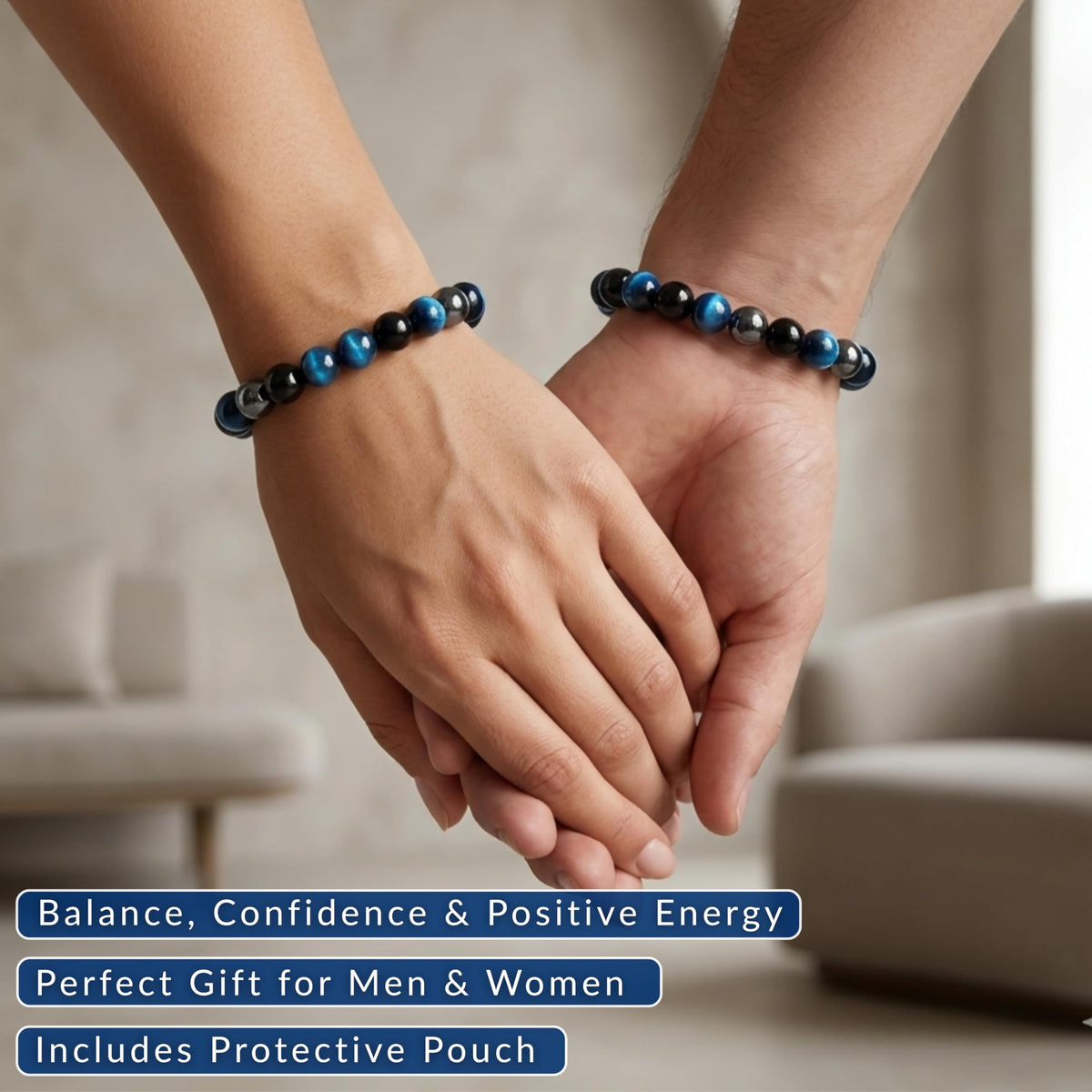 Cherry Tree Collection Triple Protection Blue Beaded Bracelet – Genuine 8mm Gemstone Stretch Bracelet for Men & Women – Handmade Crystal Bracelet - (Triple Protection Blue - M)