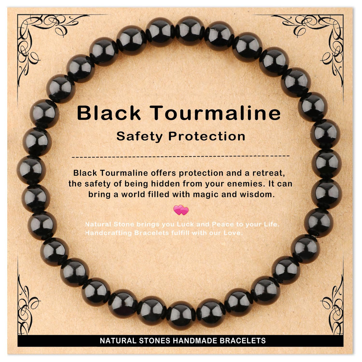 AD Beads 6mm Handmade Black Tourmaline Elastic Bracelet – Natural Gemstone for Safety Protection – Meditation, Yoga, Healing and Energy Gift for Men Women