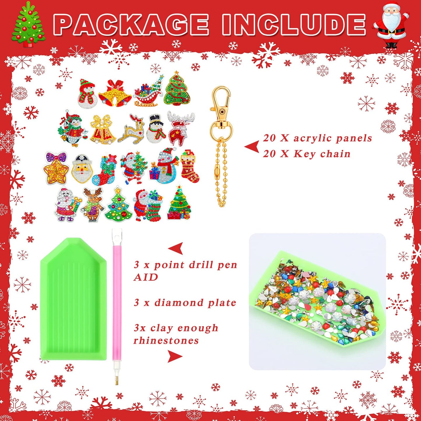 Chuangdi 20 Pcs Diamond Art Christmas Ornaments Diamond Art Kit for Adult DIY Diamonds Painting Keychains Crystal Rhinestone Arts Craft Santa Snowman Xmas Party Decor Supplies