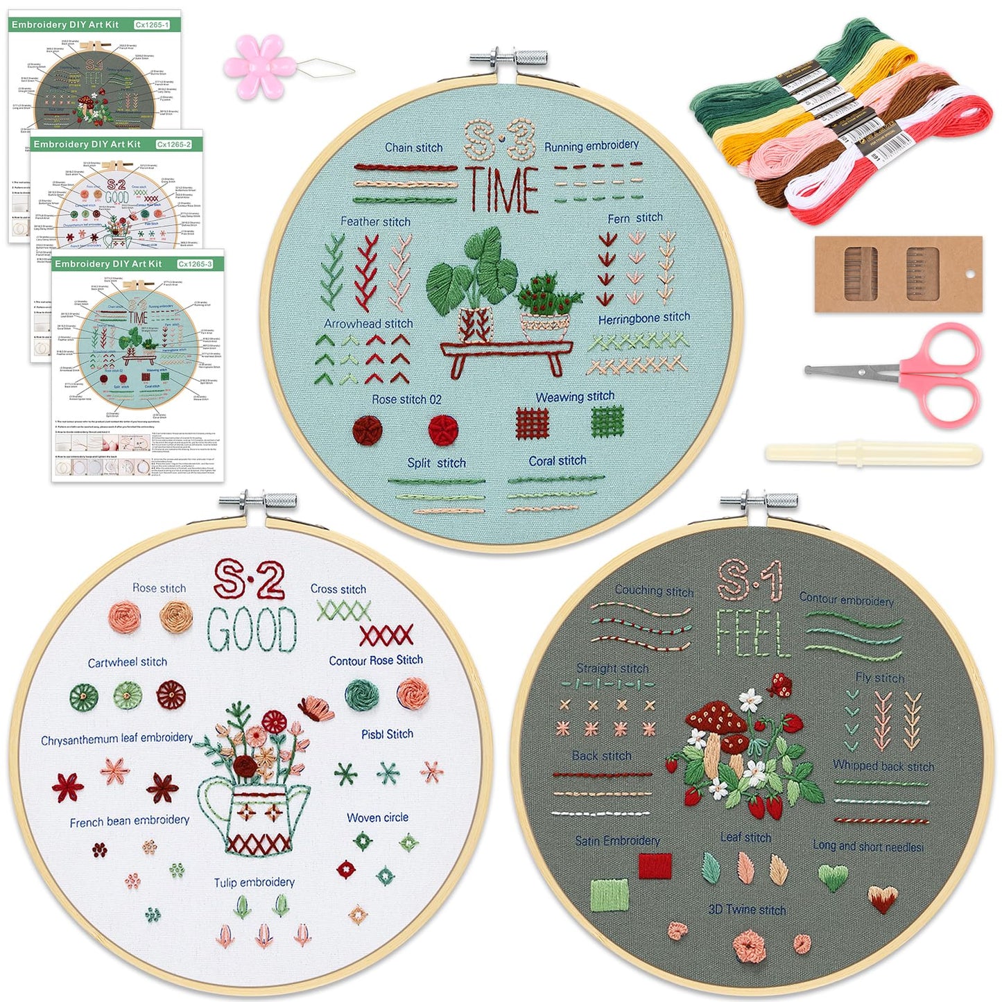 KintKita Embroidery Kit for Adults Beginners, 3 Stages to Learn 31 Basic Embroidery Stitches Practice Cross Stitch Kits for Beginners with Embroidery Patterns, Hoop,Threads,Tools