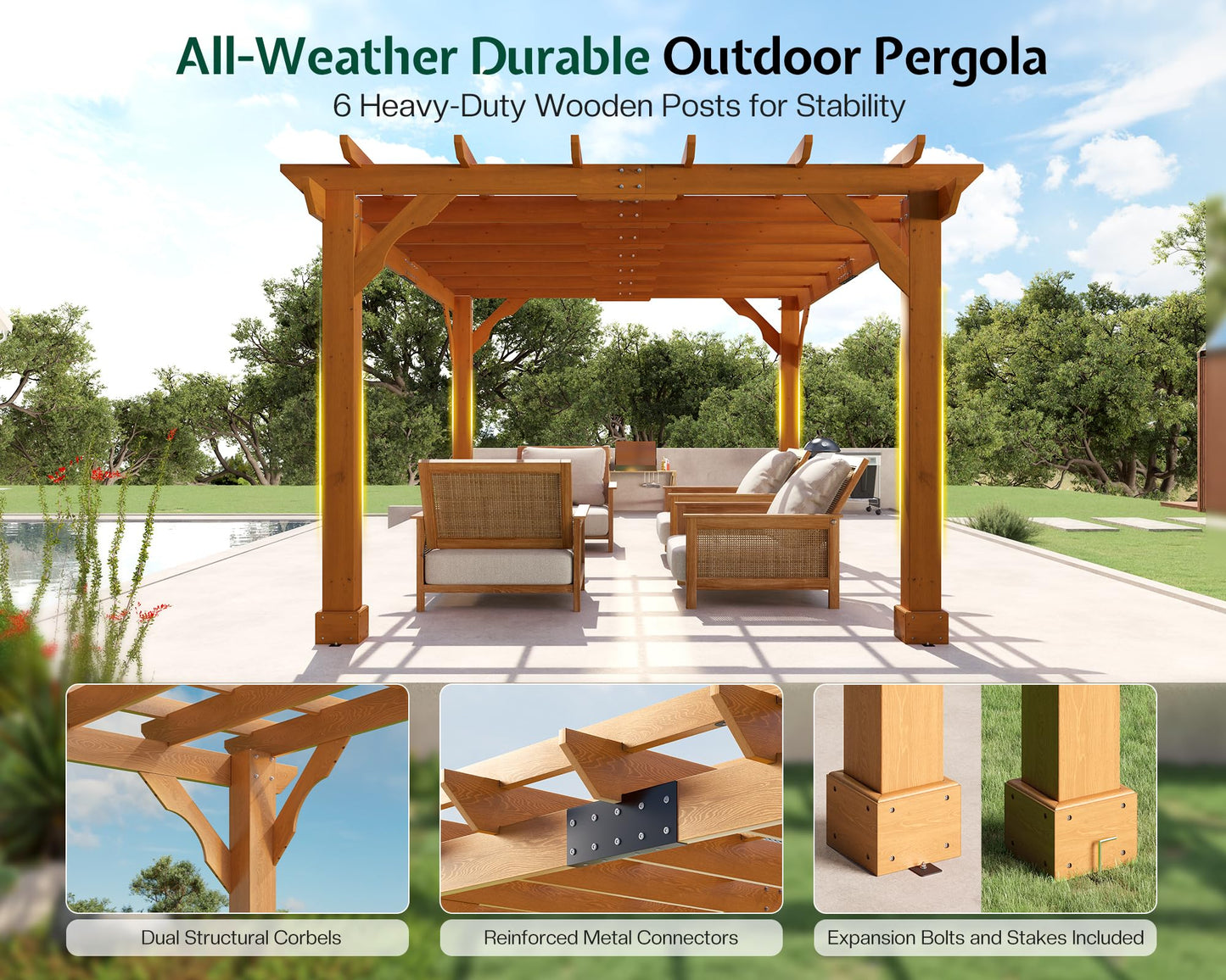 Jocisland 10x12 FT Premium Cedar Wood Pergola with Trellis Roof & Weather-Resistant Support, Outdoor Pergola Kit with Stakes, Garden Gazebo for Patio, Backyard & Events, Reddish-Brown