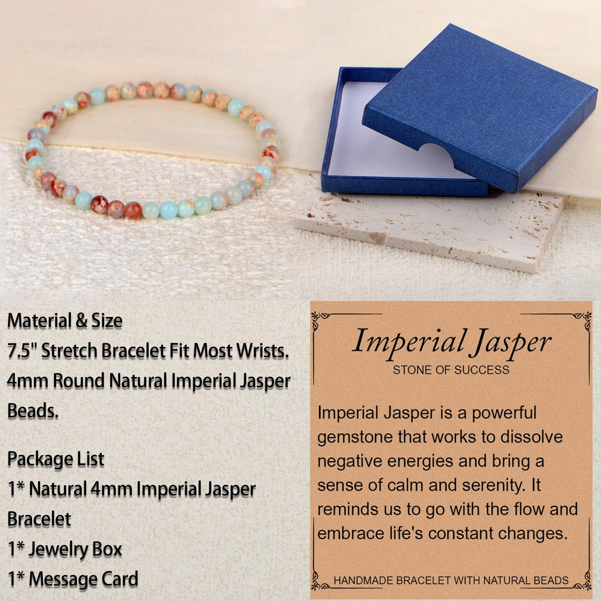 LPBeads Handmade Natural Gemstone Stretch Elastic 4mm Imperial Jasper Bracelet Healing Crystal Round Stone Beads Jewelry Gifts for Women Men