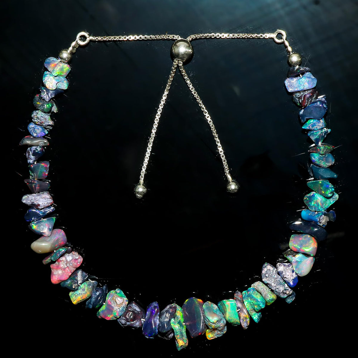 CRYSTALIS Black Opal Bracelet, Natural Raw Stones, Fire Play Rough Gemstones, Chakra Healing Crystals, Gift Giving Jewelry, Rhodium 925 Sterling Silver Women Slider Bolo Bracelet 10 inch (6+4")