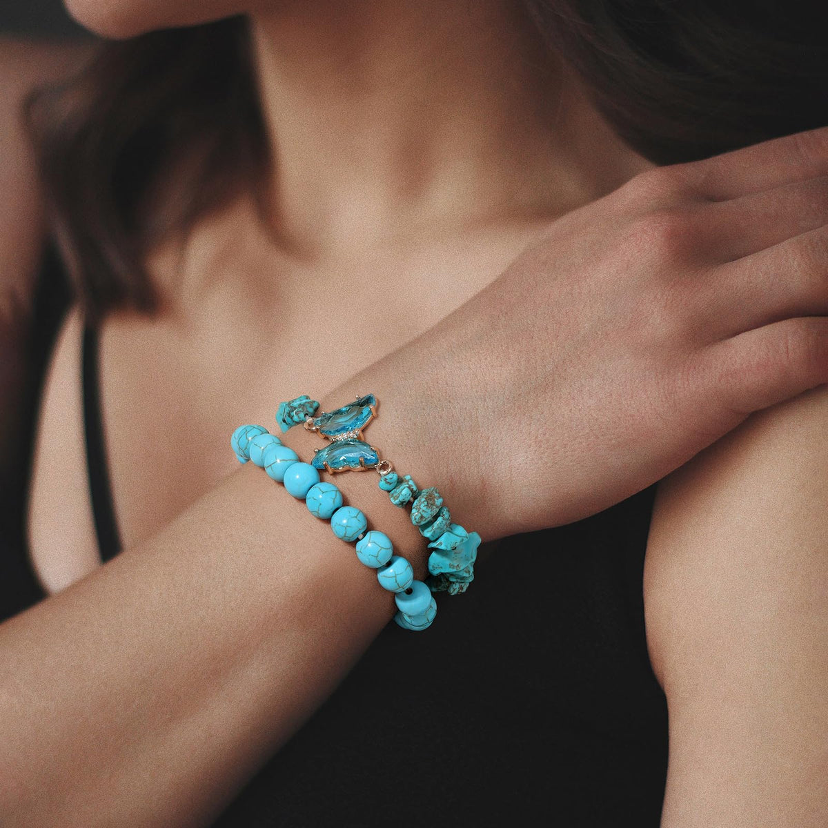 GolbalJew Turquoise Beaded Bracelet for Women Healing Crystal Stone Bracelets Blue Beads Stretch Bracelet Butterfly Charms Jewelry Women Gift
