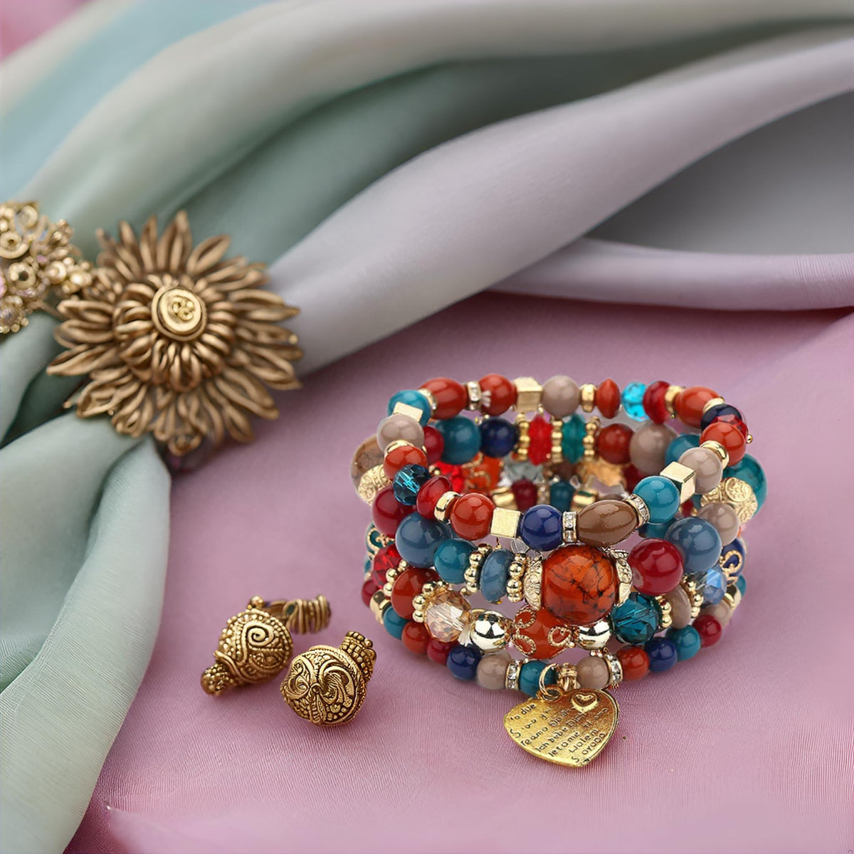 Jewellify Women Beaded Bracelet Set - Colorful Boho Stackable Design with Crystal Accents Bangle stretch Bracelet - Trendy Fashion Bracelets Jewelry for Women (Red)