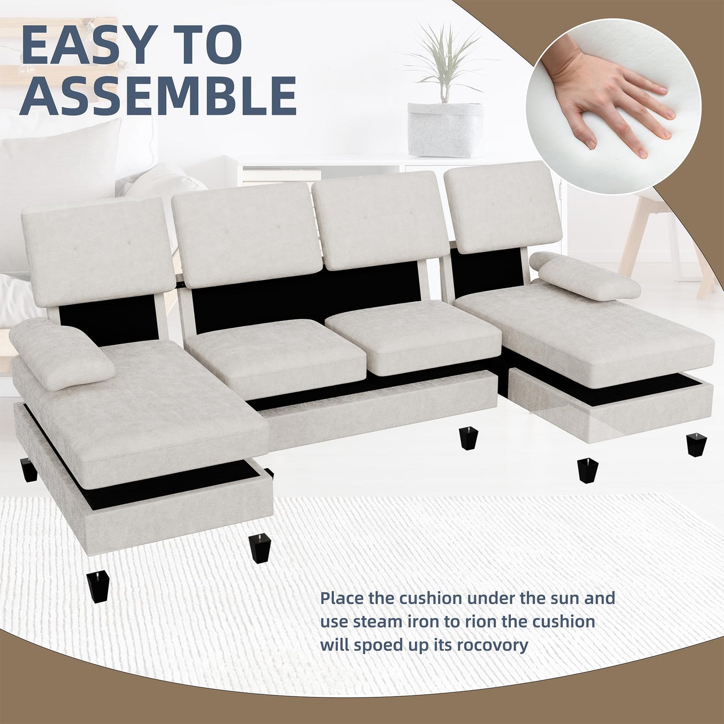 U-Shaped Sectional Couches for Living Room, 4 Seat Sofa with Double Chaise Lounges,Solid Wood Frame Sectional Sofa for Apartment,White