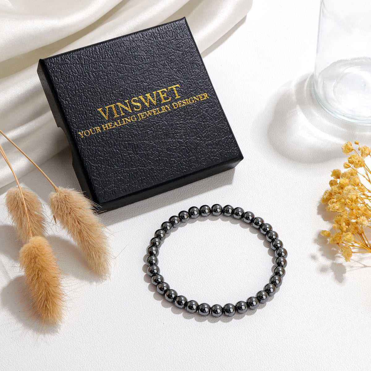 Vinswet Healing Crystal Bracelets for Women Men 6mm Hematite Natural Stone Beaded Stretch Bracelet Handmade Gemstone Reiki Spiritual Jewelry Gifts