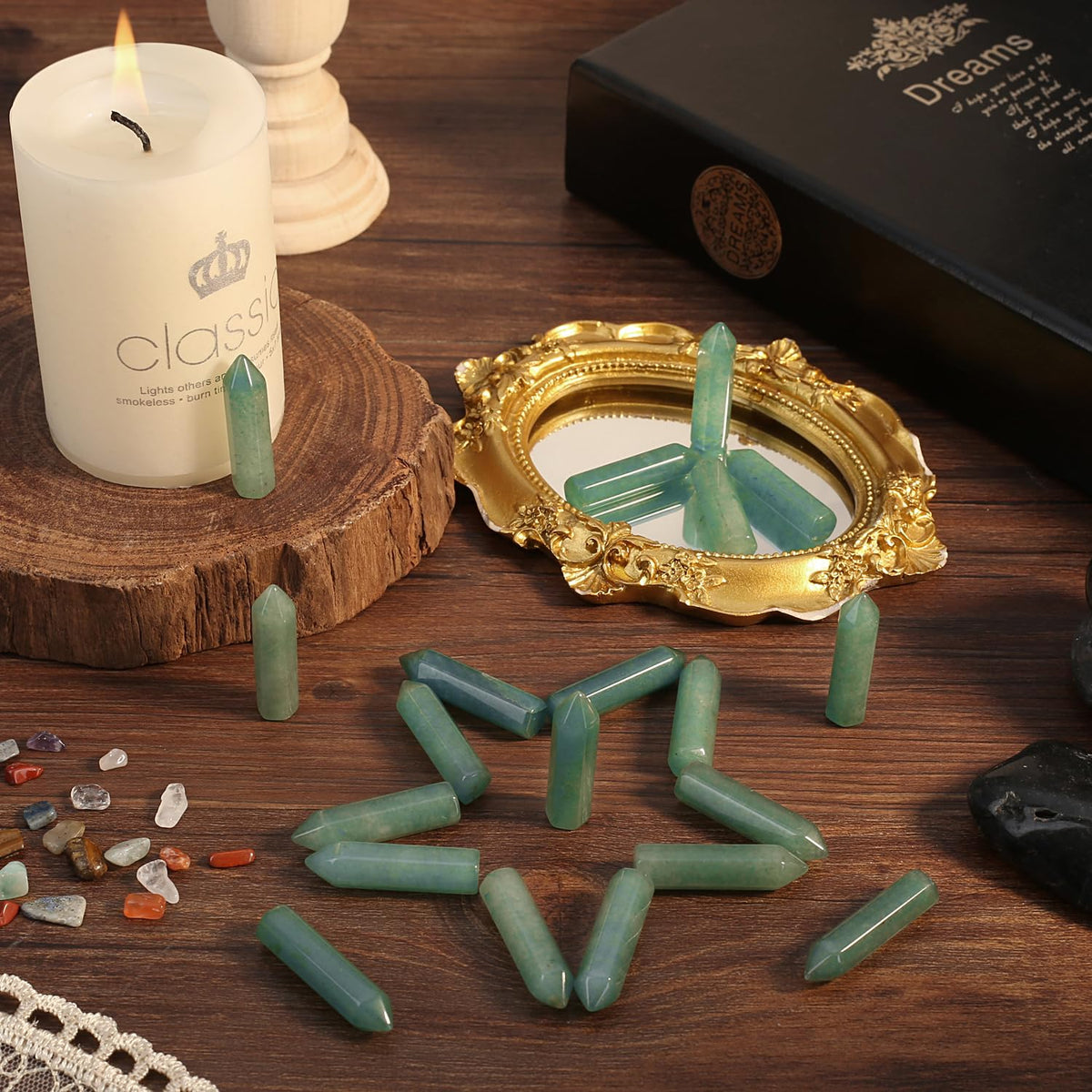 QINJIEJIE Green Aventurine 20 PCS Healing Crystals Stones Sets Wands Bulk Natural Pocket Crystal Towers Assorted Pointed Reiki Gemstones Polished Energy Meditation Chakra Gifts for Women Men