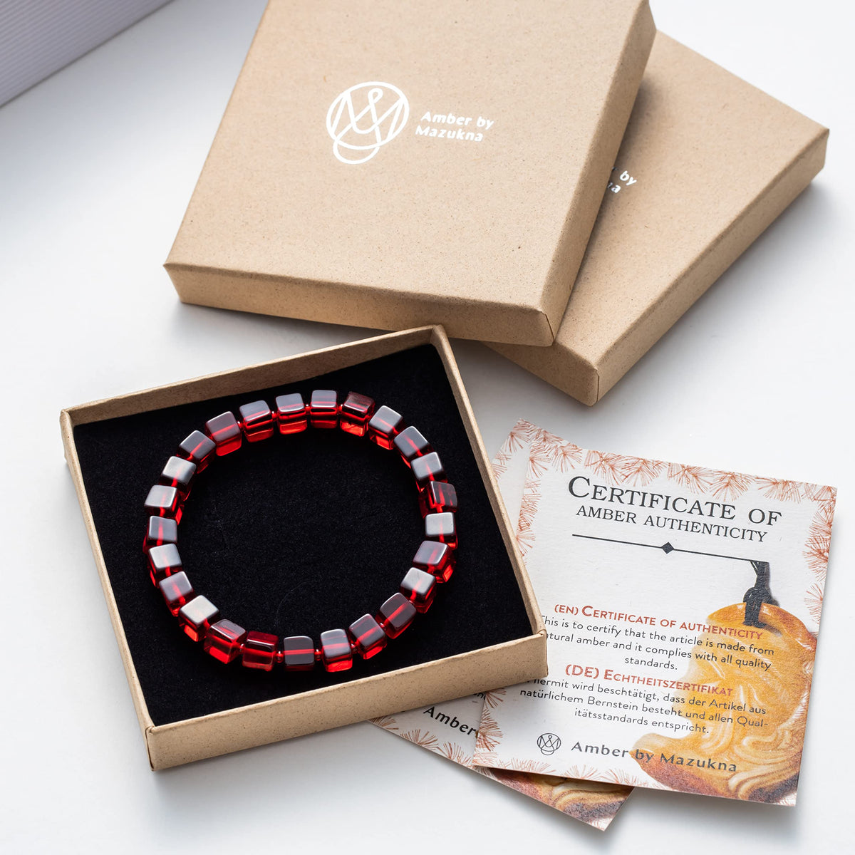 Amber by Mazukna Natural Red Baltic Amber Bracelet for Women and Men – Stretch Wristband with Polished Cube Beads, Lightweight Unisex Jewelry Gift for Daily and Casual Wear (Red)