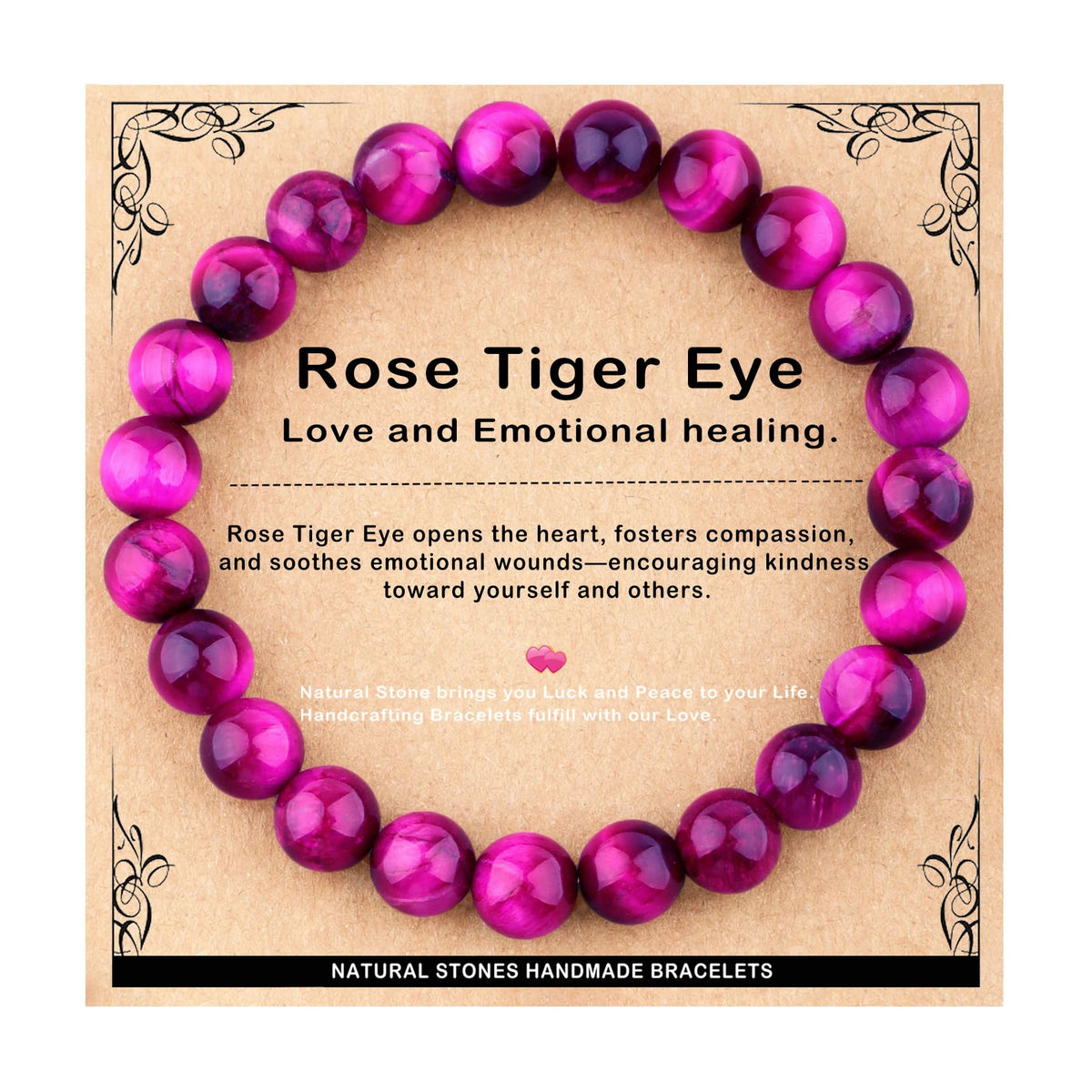 AD Beads 8mm Handmade Rose Tiger Eye Elastic Bracelet – Natural Gemstone for Love,emotional healing. – Meditation, Yoga, Healing and Energy Gift for Men Women