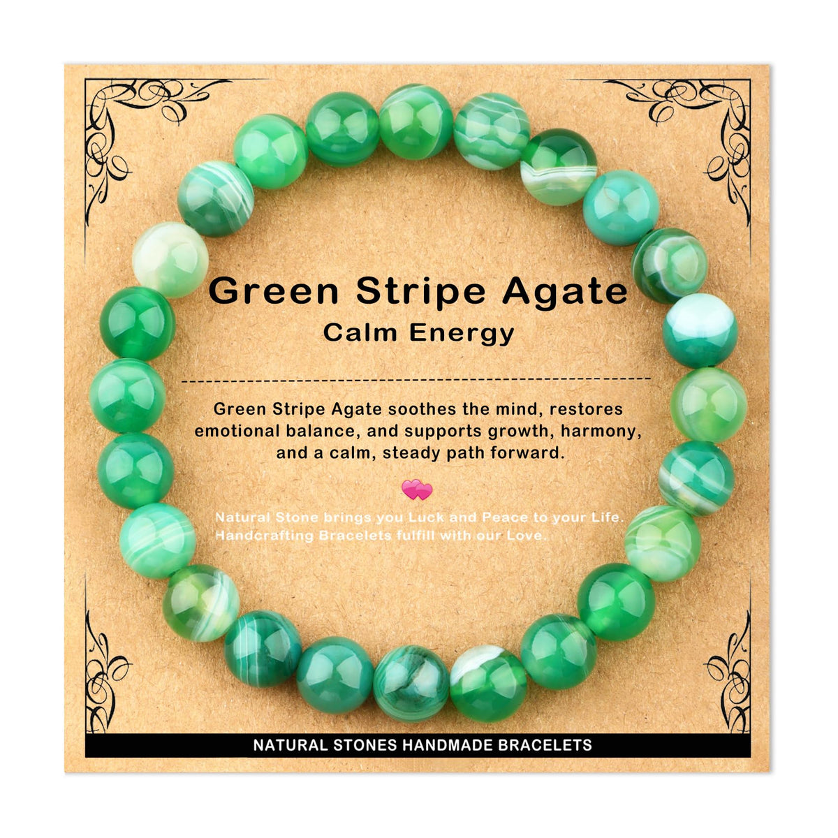 AD Beads 8mm Handmade Green Stripe Agate Elastic Bracelet – Natural Gemstone for Calm energy – Meditation, Yoga, Healing and Energy Gift for Men Women