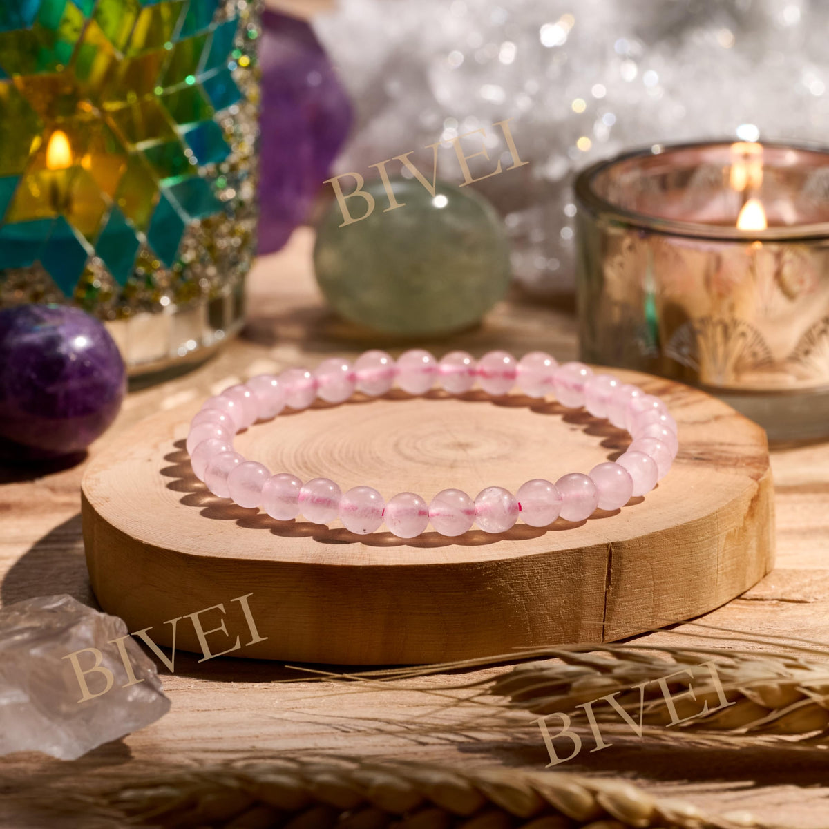 Bivei Rose Quartz - Self-Love - 6mm Beaded Bracelets for Women Handmade Semi Precious Natural Stone Stretch Elastic Jewelry for Women Yoga Protection Gifts Small