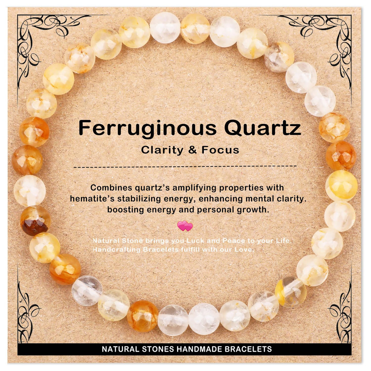 AD Beads 6mm Handmade Ferruginous Quartz Elastic Bracelet – Natural Gemstone for Clarity & Focus – Meditation, Yoga, Healing and Energy Gift for Men Women