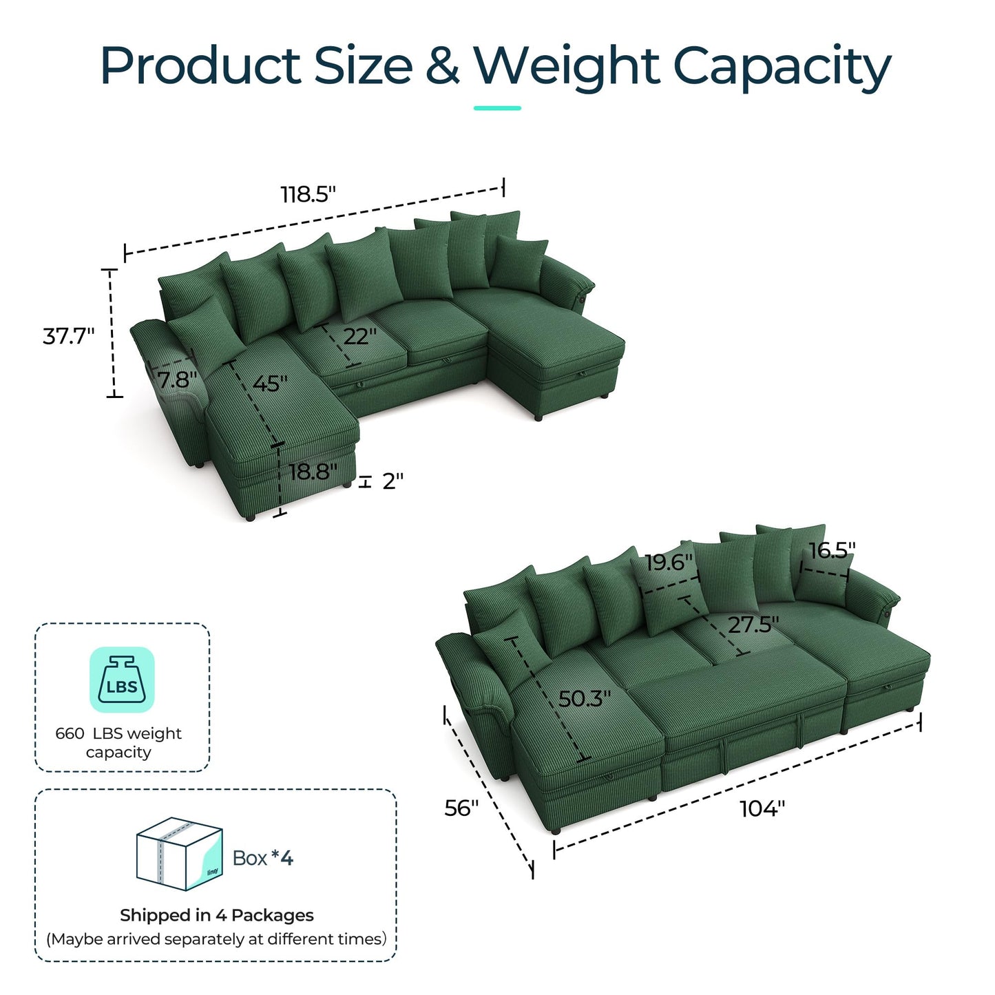 LINSY HOME Oversized Sectional Sleeper Sofa with Pull Out Couch Bed (Green, 118.5'')