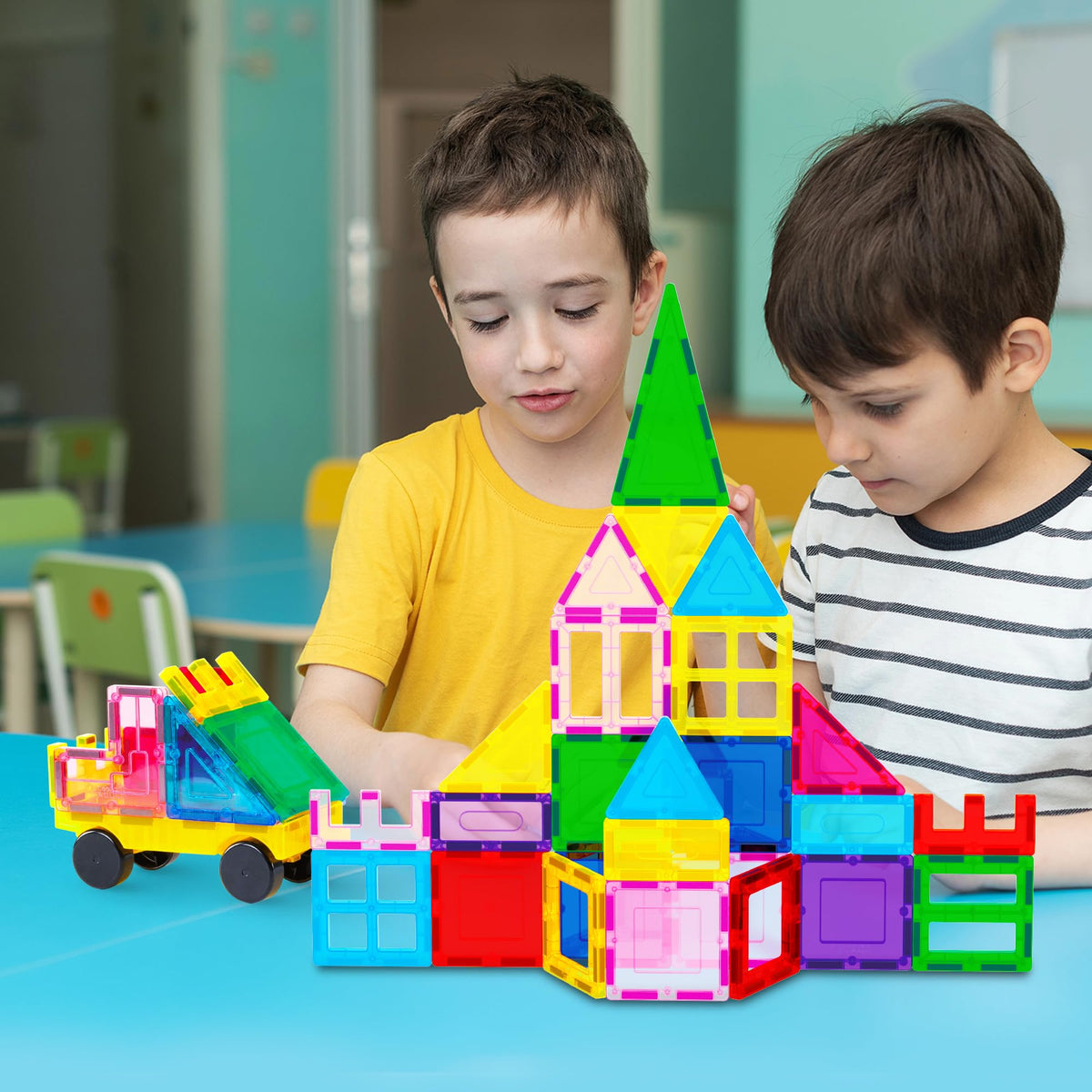 PicassoTiles 101 PCs Magnetic Tiles Building Blocks with Car & Drawstring Carry Bag Toy Storage Magnet Block for Toddlers Kids STEM Toy Set Educational Tile Learning Brain Development Ages 3+ PC101