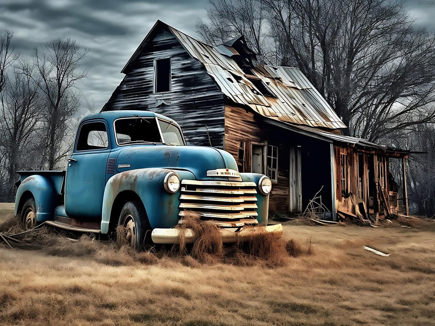 QAZWSX Blue Truck in Old Barn 5D Diamond Painting Kits for Adults, Paint with Farmhouse Diamond Art, DIY Gift Round Full Drill Crystal Crafts Gem Arts for Home Wall Decor 12x16 inch