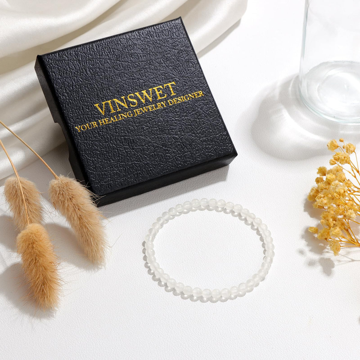 Vinswet Healing Crystal Bracelets for Women Men 4mm Selenite Natural Stone Beaded Stretch Bracelet Handmade Gemstone Reiki Spiritual Jewelry Gifts