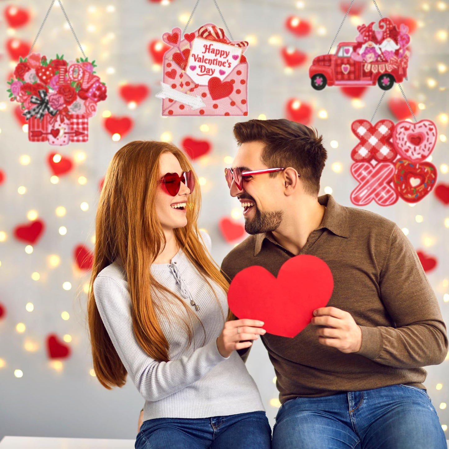 Chiisong 6 Pcs Valentine's Day Diamond Art Painting Kits Glow in The Dark Diamond Hanging Sign Flower Truck Wreath Love Gnome Hanging Ornaments for DIY Adult Beginner Holiday Door Wall Decoration Gift
