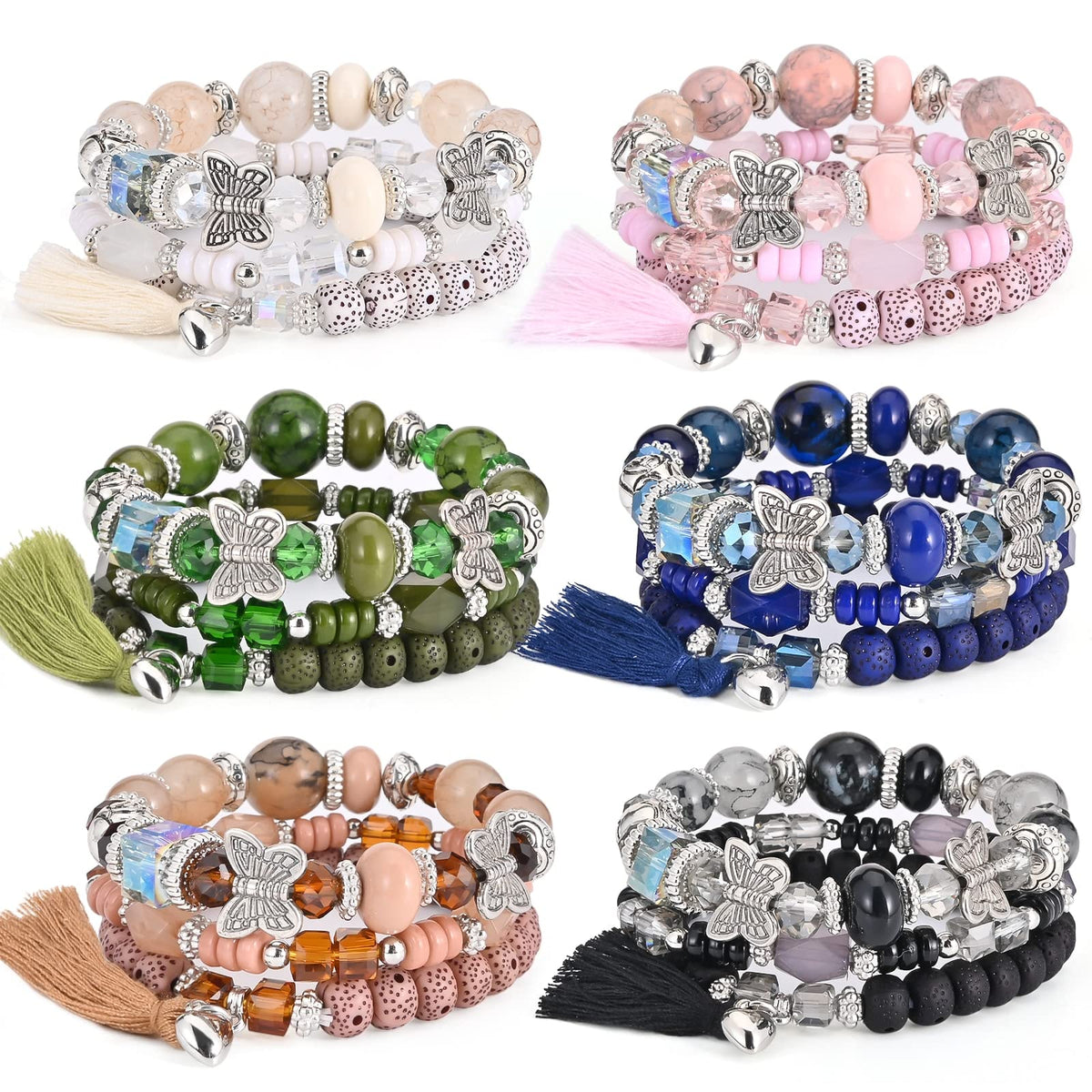 Bohemian Bracelet Sets for Women - 6 Sets Stackable Stretch Bracelets Multi-color Boho Jewelry for Women Hippie Bracelets Dainty Jewelry Best Friend Gift (Butterfly Stretch Bracelets Set)