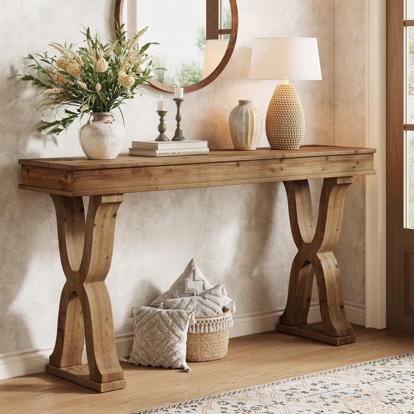 TRIBEWOOD 63-Inch Solid Wood Console Table, Farmhouse Entryway Table with X-Shaped Legs, Long Sofa Table for Living Room, Hallway, or Foyer, Easy Assembly, Anti-tip Kits
