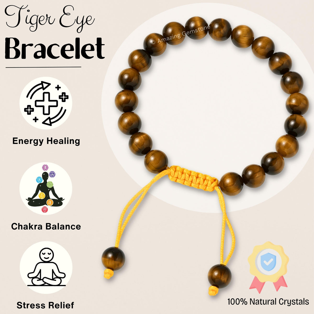 Amazing Gemstone Tiger Eye Bracelet for Women Men's Gifts - Protection Healing Crystal Bracelet - 8mm Gemstone Beaded Adjustable Bracelet