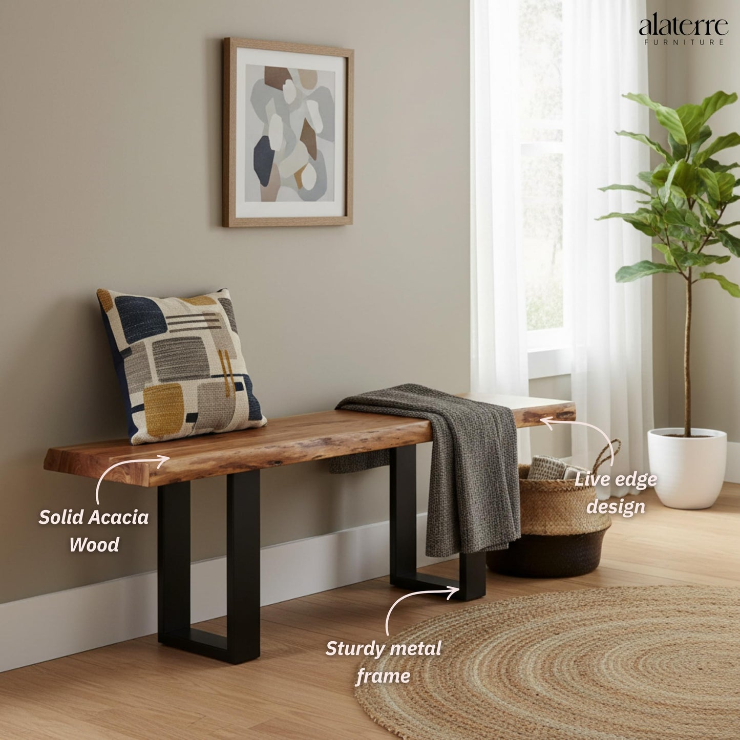 Alaterre Furniture Alpine Solid Wood Entryway Bench - 48 Inch Industrial Modern Bedroom Bench with Live Edge and Metal Legs - Furniture for Entryway, Dining Room, Kitchen, or Bedroom