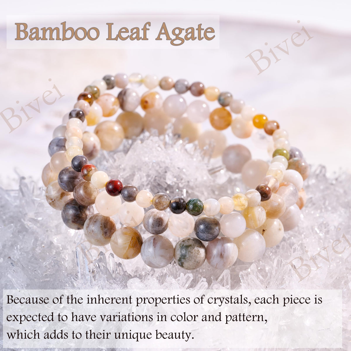 Bivei Bamboo Leaf Agate-Steady Growth-6mm Beaded Bracelets for Women Handmade Semi Precious Natural Stone Stretch Elastic Jewelry for Women Yoga Protection Gifts