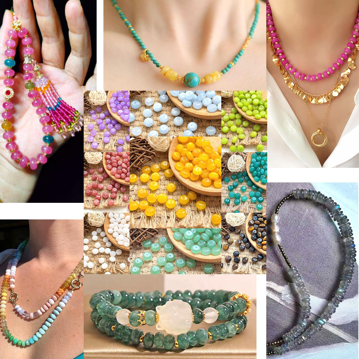 76pcs 5x8mm Natural White Jade Stone Rondelle Spacer Loose Beads Abacus Disk Stone Round Loose Gemstone Beads for Jewelry Making DIY Bracelet Necklace
