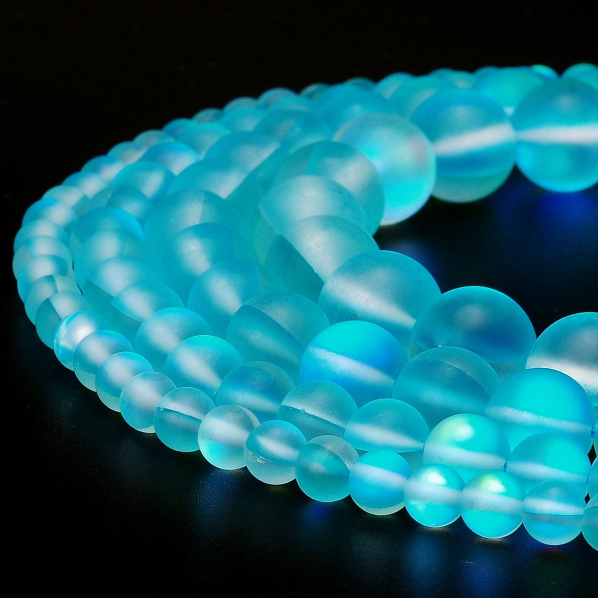 RUBYCA 6mm Round Moonstone Matte Crystal Glass Beads Aura for Jewelry Making Blue, 1 Strand