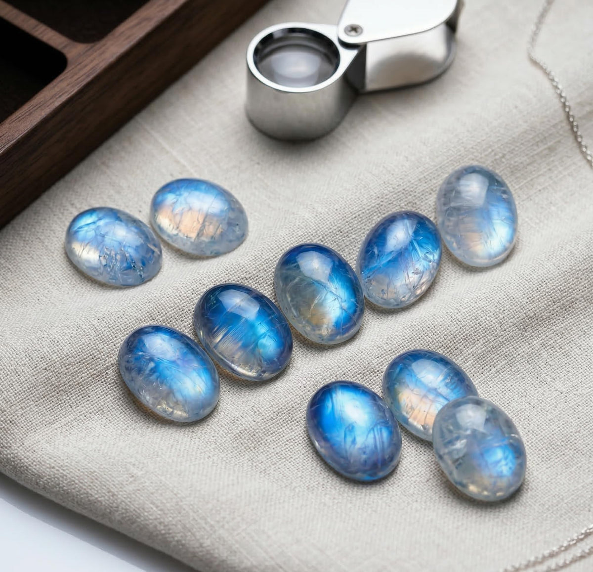 6x8mm Oval Rainbow Moonstone AAA Quality Natural Calibrated Cabochon Loose Gemstone 10 pcs Box.