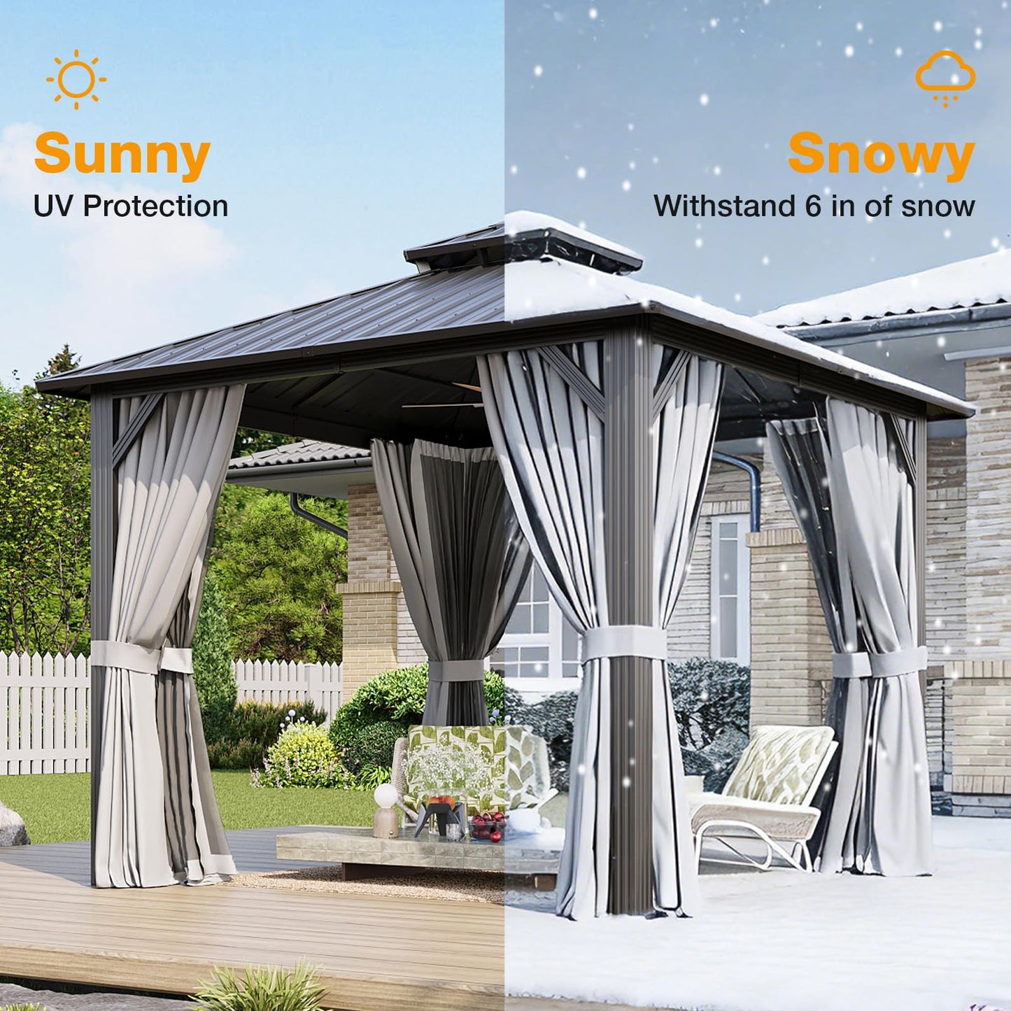 Breezestival 10x10FT Hardtop Gazebo, Metal Frame with Double Galvanized Steel Roof, Permanent Outdoor Pergola with Curtains and Netting Included for Backyard, Patio, Lawn and Garden, Gray