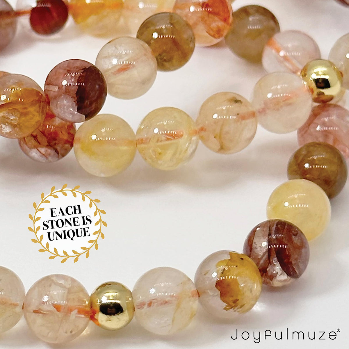 Joyfulmuze Natural Floral Crystal, Pink Yellow Orange Summer and Fall Stretch Bracelet, Handmade Gift for Women and Men, Round Beads 8mm 7" wrist (Floral-Crystal)