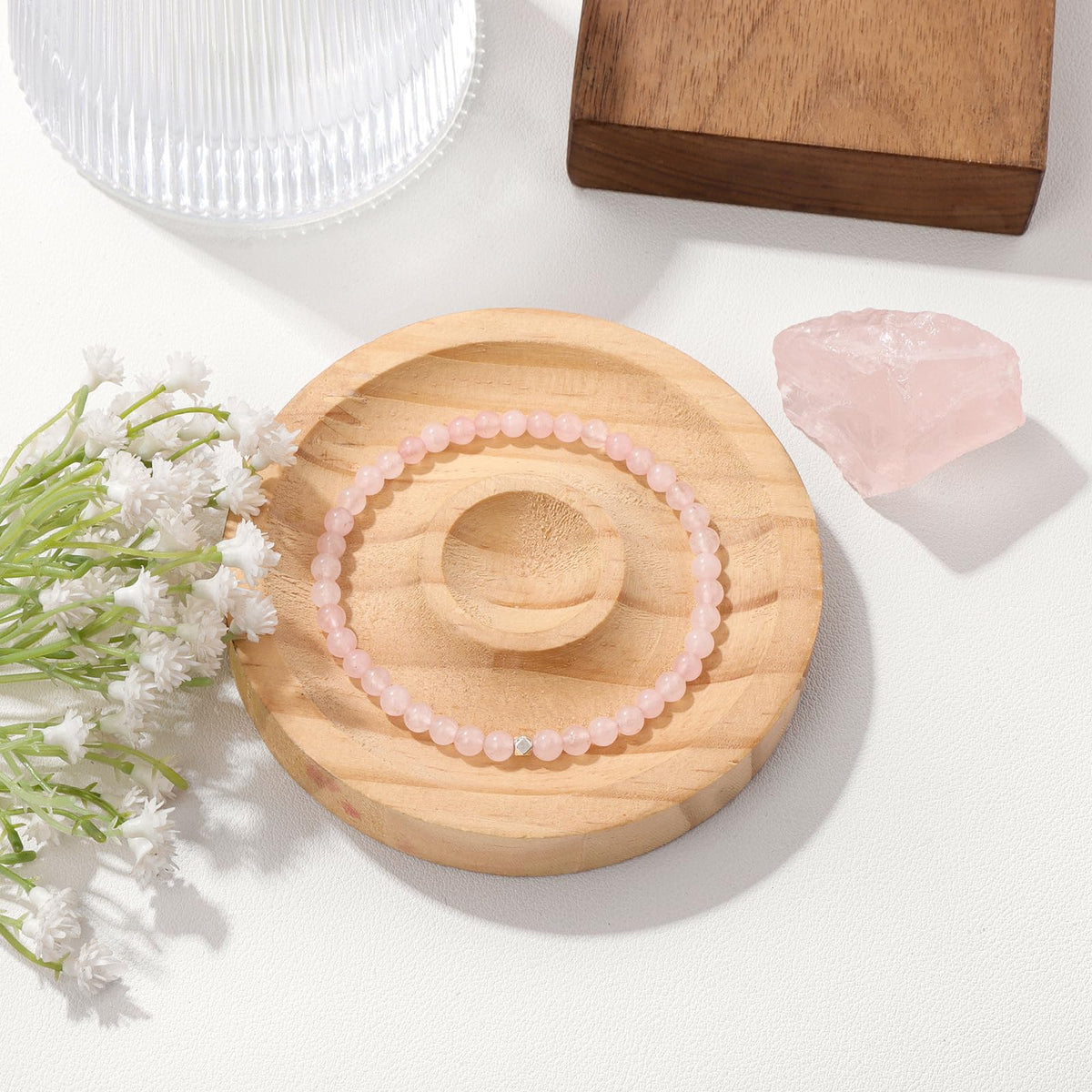Raicegs 4MM Rose Quartz Beaded Bracelets Healing Crystal Bracelet for Women Men Natural Stone Handmade Stretch Bracelet Reiki Spiritual Jewelry
