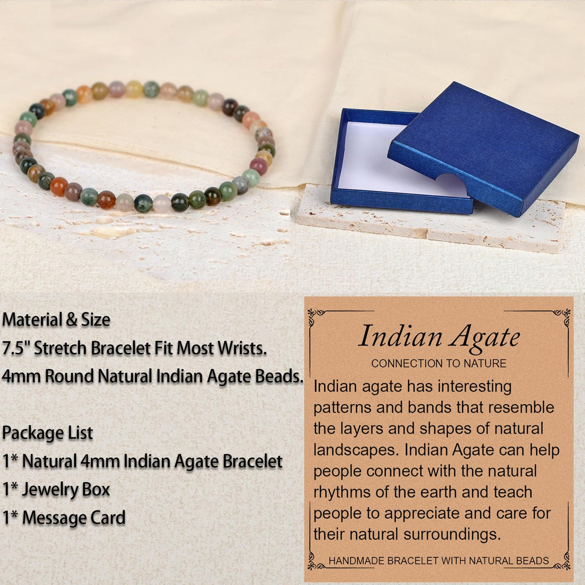 LPBeads Handmade Natural Gemstone Stretch Elastic 4mm Indian Agate Bracelet Healing Crystal Round Stone Beads Jewelry Gifts for Women Men