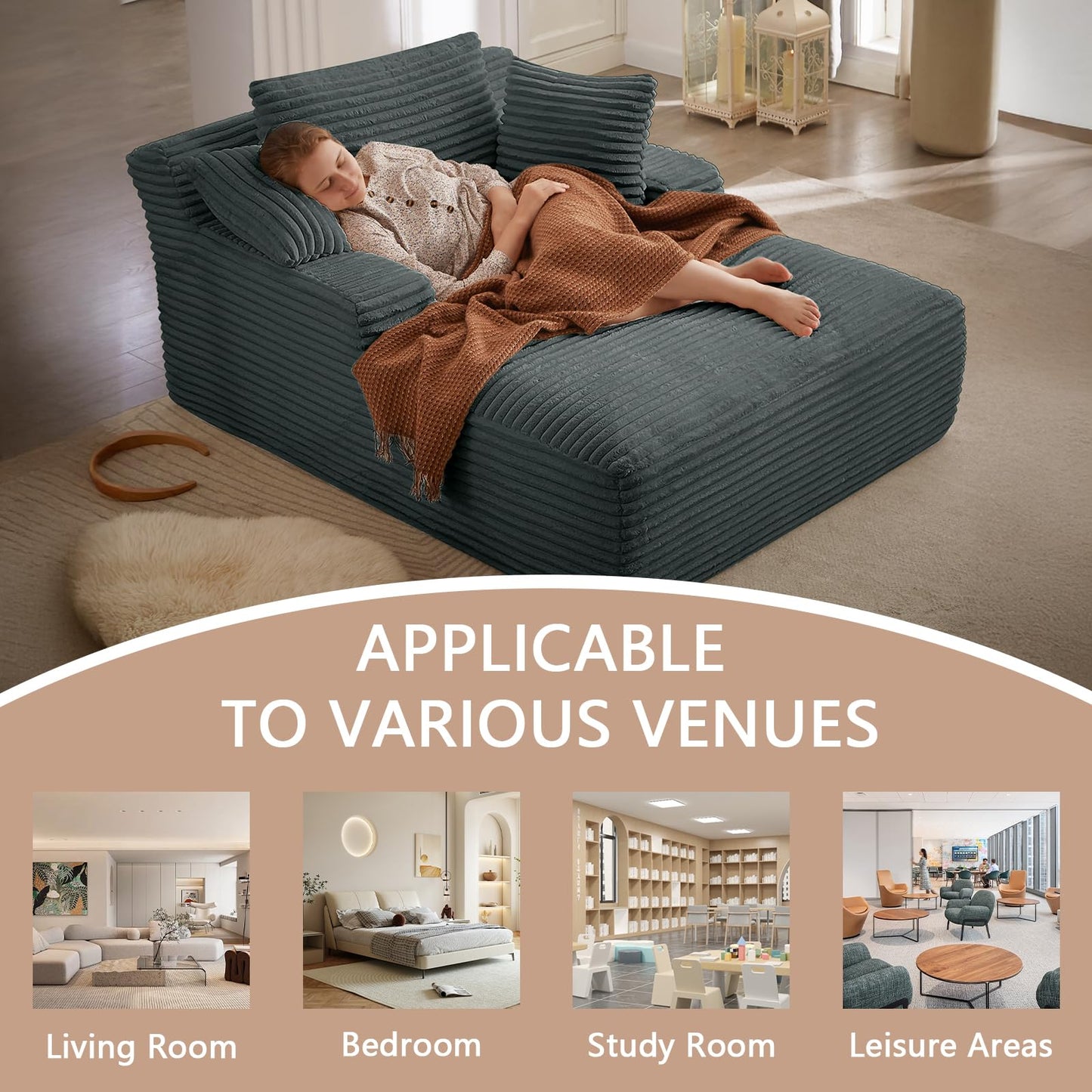 49.2"W Oversized Chaise Lounge Chair Indoor,Comfy Boneless Reading Chair with 3 Pillows, Luxurious Corduroy Fabric Single Cloud Sofa Chair for Living Room & Bedroom,No Assembly Required,Dark Grey