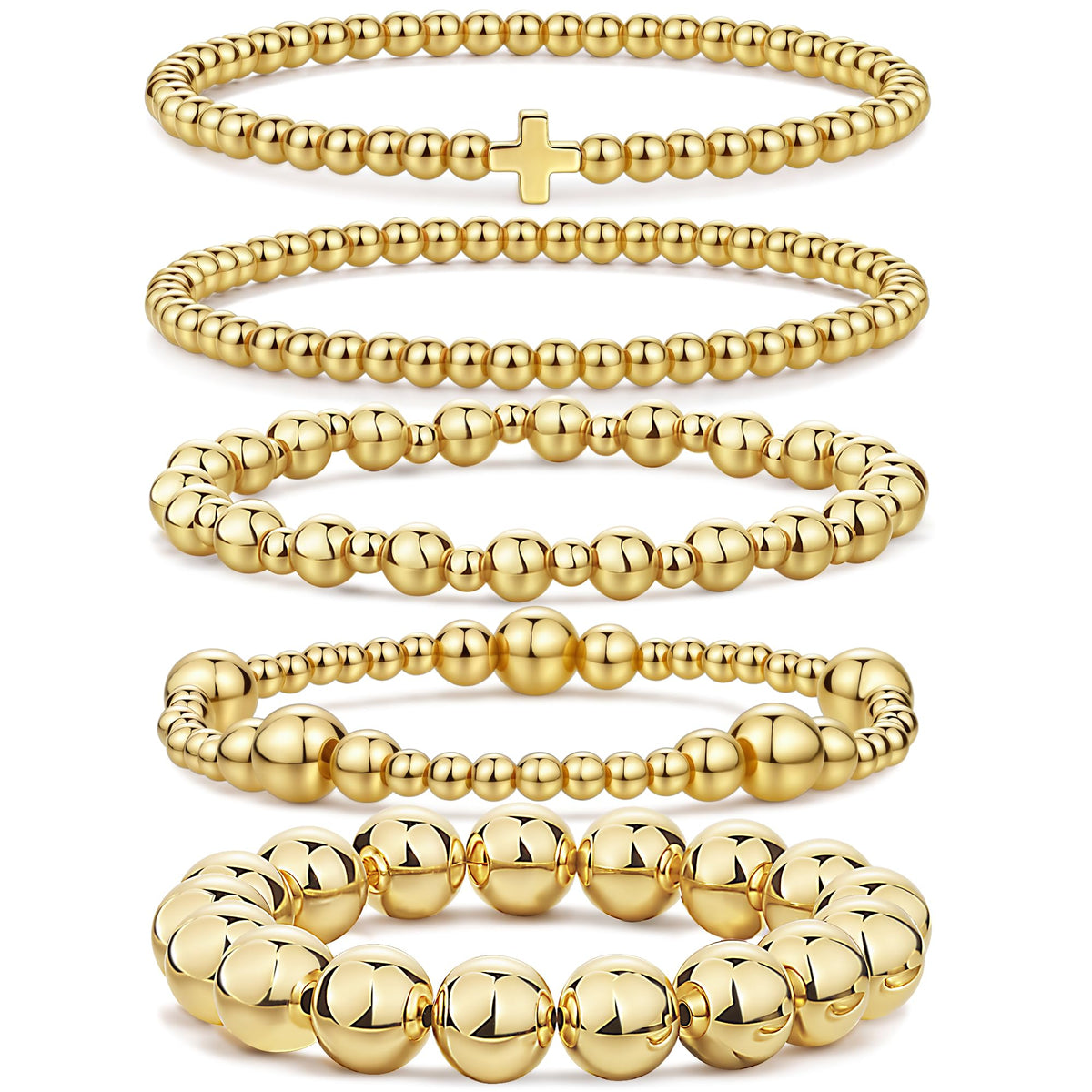 Qiuseadu Chunky Gold Beaded Stack Bracelets Beads Ball Cross Colorful Statement Bracelets Set for Women (Full Gold Statement)