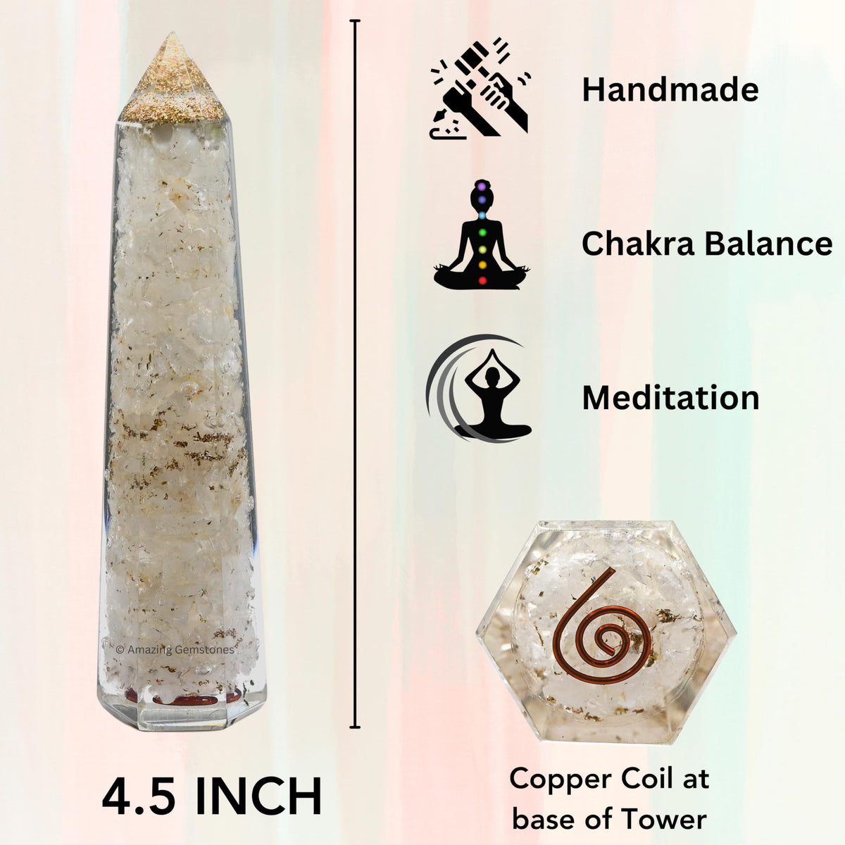 Amazing Gemstone Clear Quartz Orgonite Orgone Crystal Towers - Large 4.5" Orgonite Crystal Wand Obelisk Tower Point for Meditation, Crystals and Healing Stones Gift and Protection