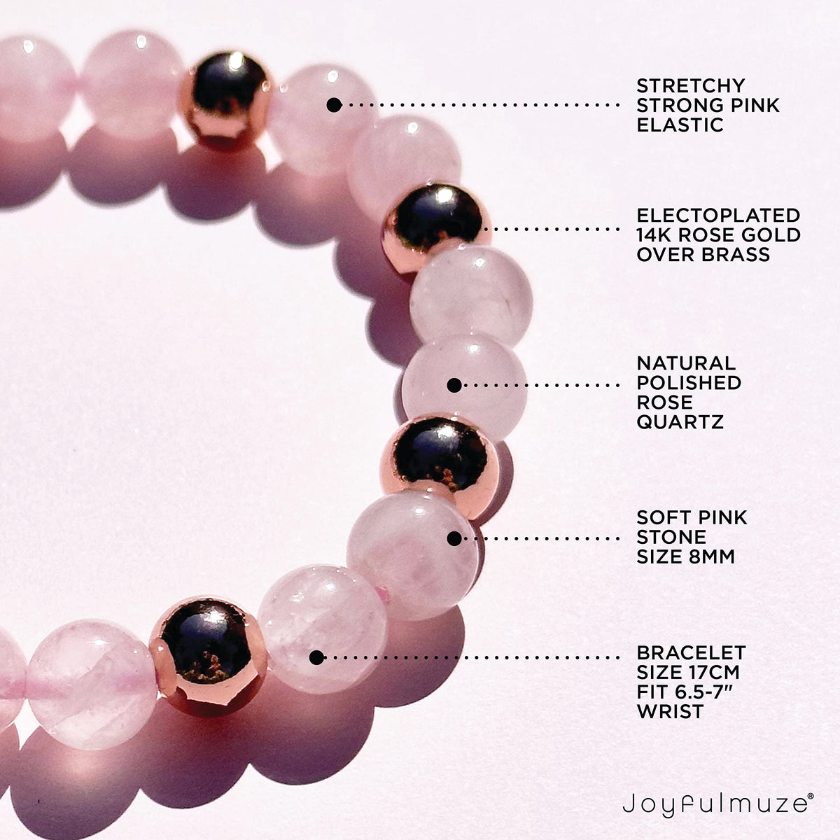 Joyfulmuze Rose Quartz 8mm Pink Gemstone, 14K Rose Gold Plated Brass, Love Stretch Bracelet, Birthday Jewelry Gift for Women, 7"(Rose-Gold-Rose-Quartz)