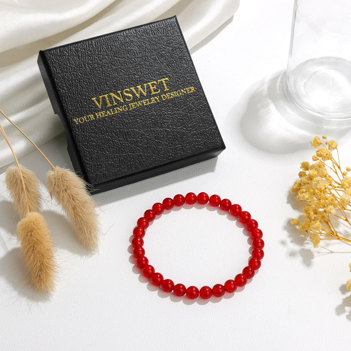 Vinswet Healing Crystal Bracelets for Women Men 6mm Carnelian Natural Stone Beaded Stretch Bracelet Handmade Gemstone Reiki Spiritual Jewelry Gifts