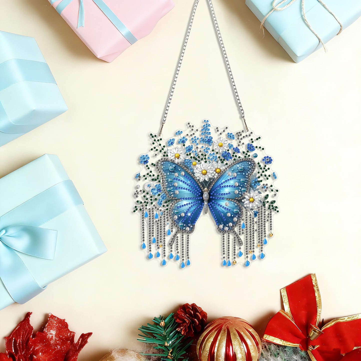 LPDJITO Butterfly Diamond Painting Pendant Kits, DIY Butterfly and Flowers Diamond Art Window Hanging Ornament for Adults, 5D Special Shape Rhinestone Pendant for Home Decoration
