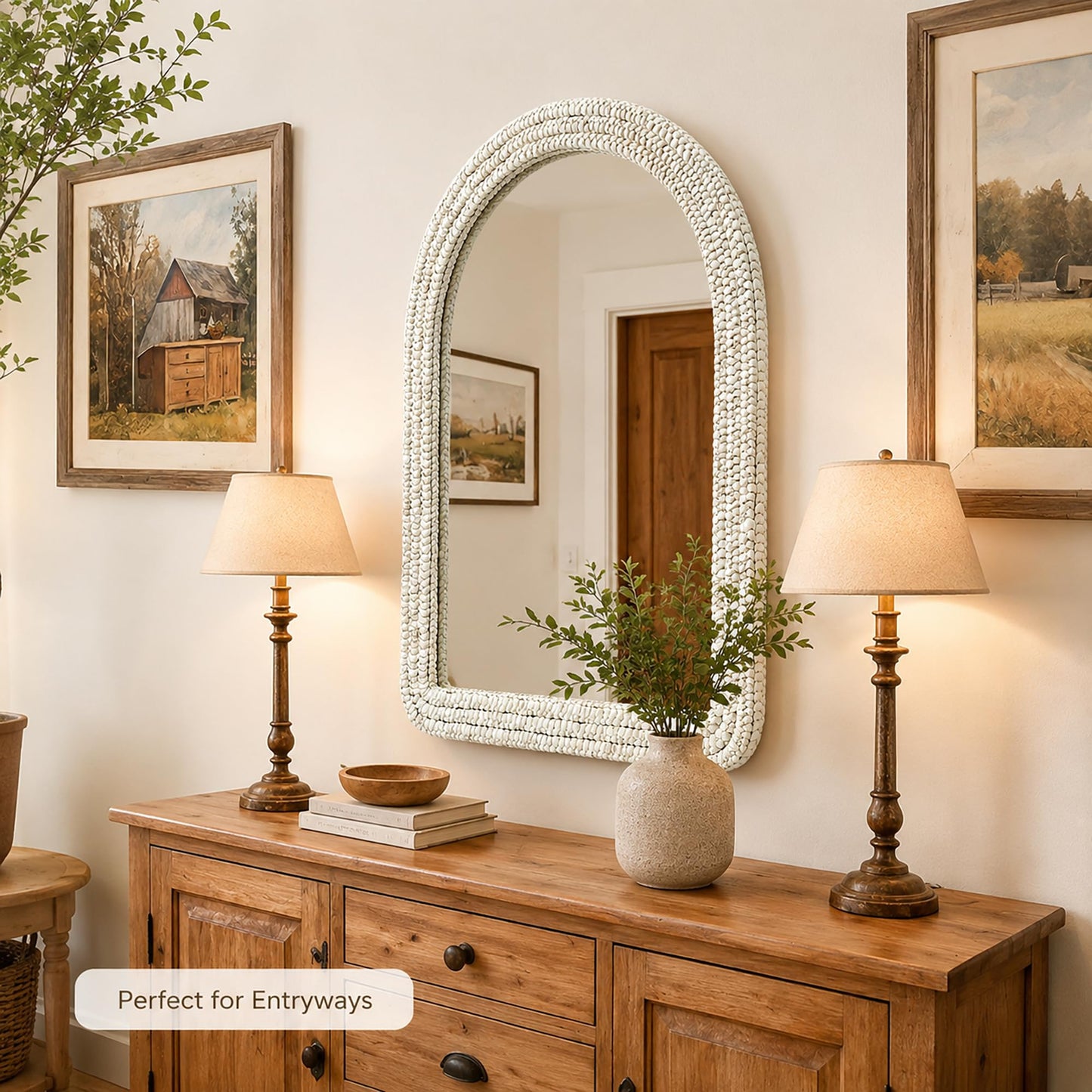 CAVINHOME 30" x 40" Arched Wall Mirror, Handwoven Natural Corn Husk Fiber with Light Whitewashed Finish, Warm Boho Coastal Style for Entryway, Bedroom, Living Room, Vertical Hanging