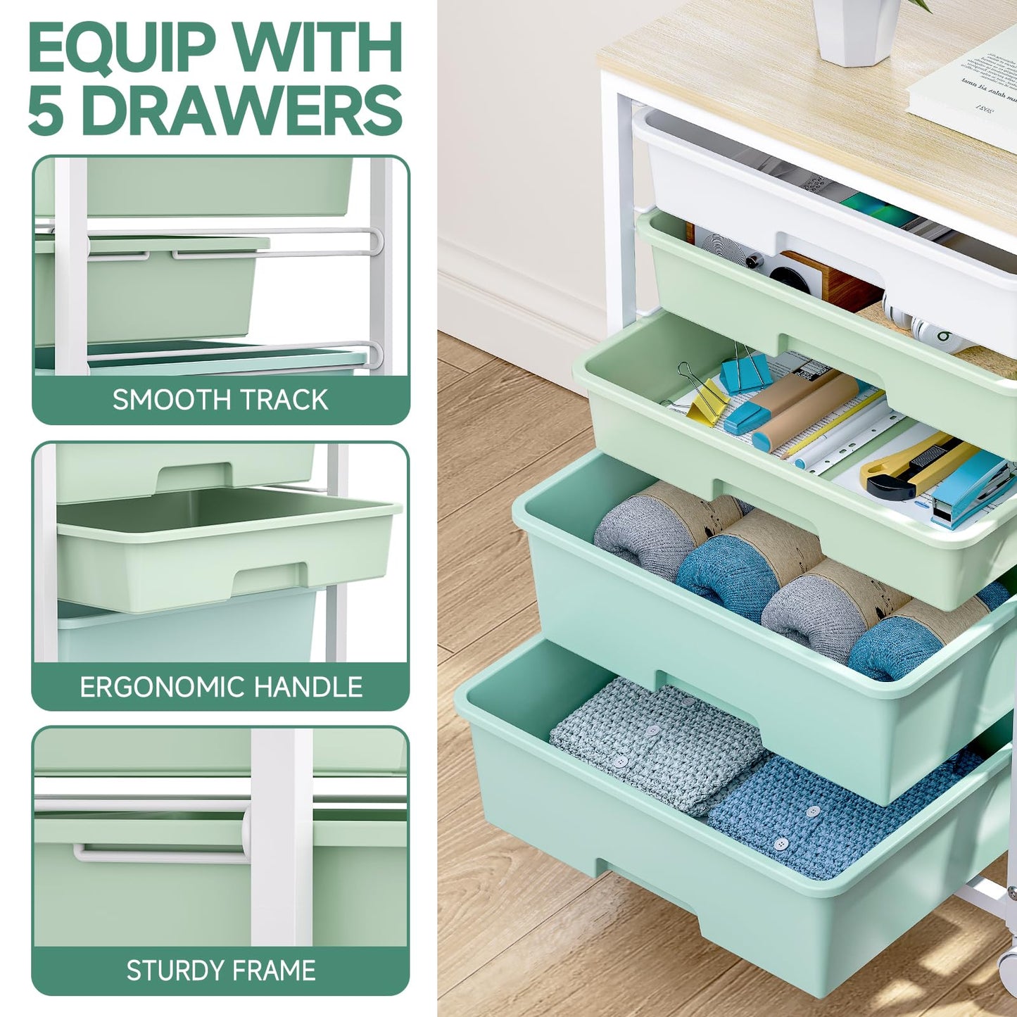 SYKIARIOL Utility Cart with 5 Drawers,Storage Cart with Wooden Tabletop and Lockable Wheels,Craft Storage Trolley Organizer,5-Tier Rolling Utility on Wheels,Light Green