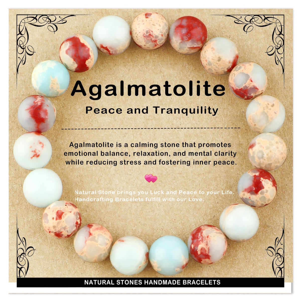 AD Beads 10mm Handmade Agalmatolite Elastic Bracelet – Natural Gemstone for Peace and Tranquility – Meditation, Yoga, Healing and Energy Gift for Men Women