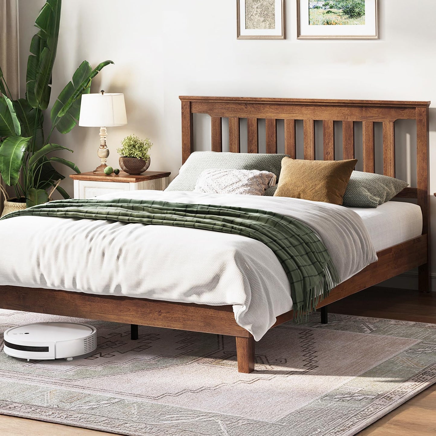 LINSY Solid Wood Bed Frame, Full Bed Frames Wooden Platform Frame with Headboard and Slat Bases, Mid Century Modern Bedframe No Box Spring Needed, Easy Assembly, Antique Walnut