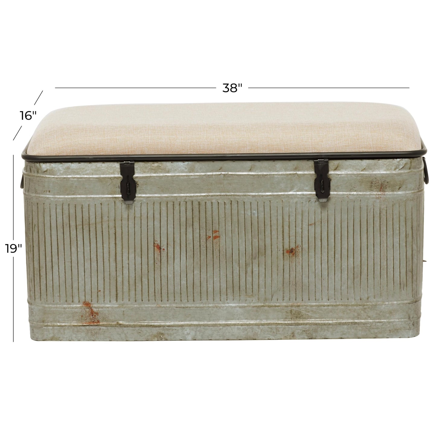 Deco 79 Metal Room Storage Bench Galvanized Entryway Bench with Cream Burlap Top and Black Latches, Bench 38" x 16" x 19", Gray
