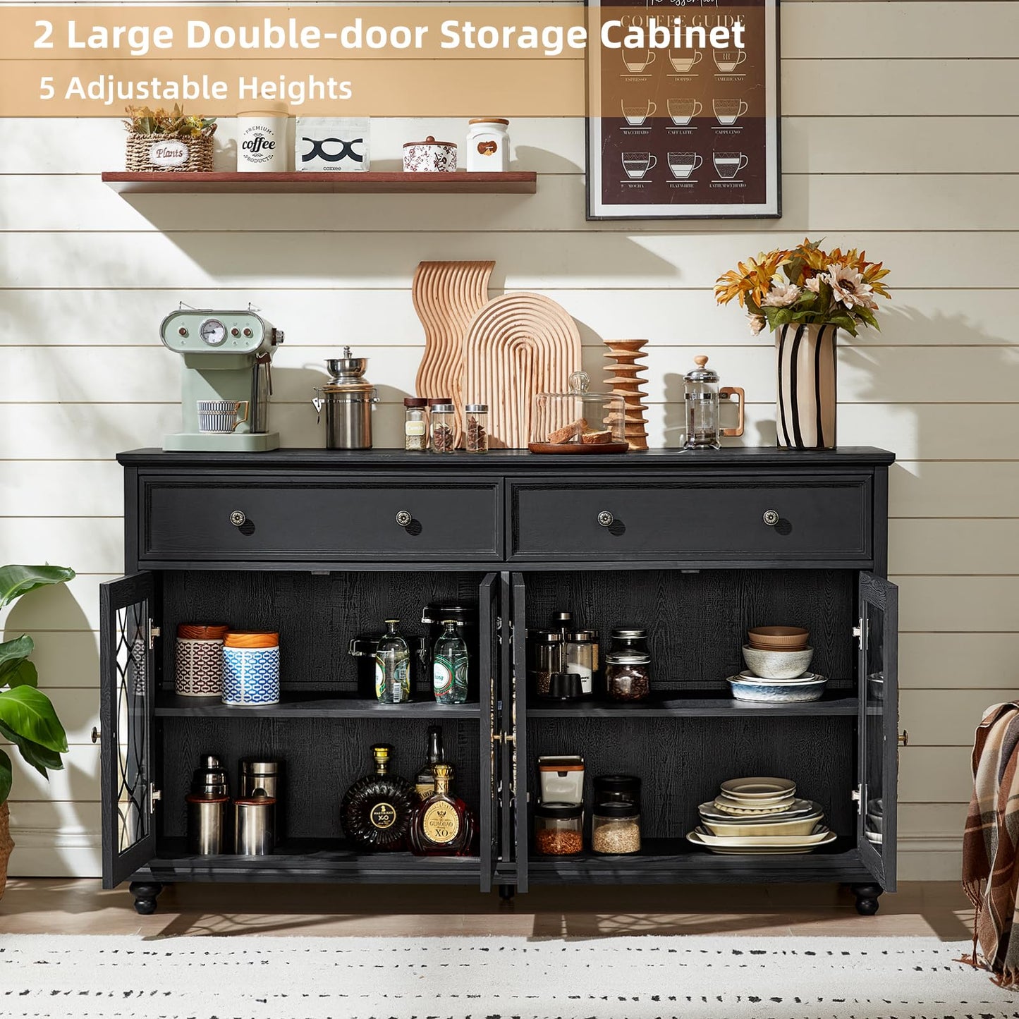 Joaxswe Farmhouse Sideboard Buffet Cabinet with Storage,59" Large Credenza with 4 Glass Doors & 2 Drawers,Adjustable Shelves Console Table,Wood Kitchen Coffee Bar for Dining Room,Living Room,Black
