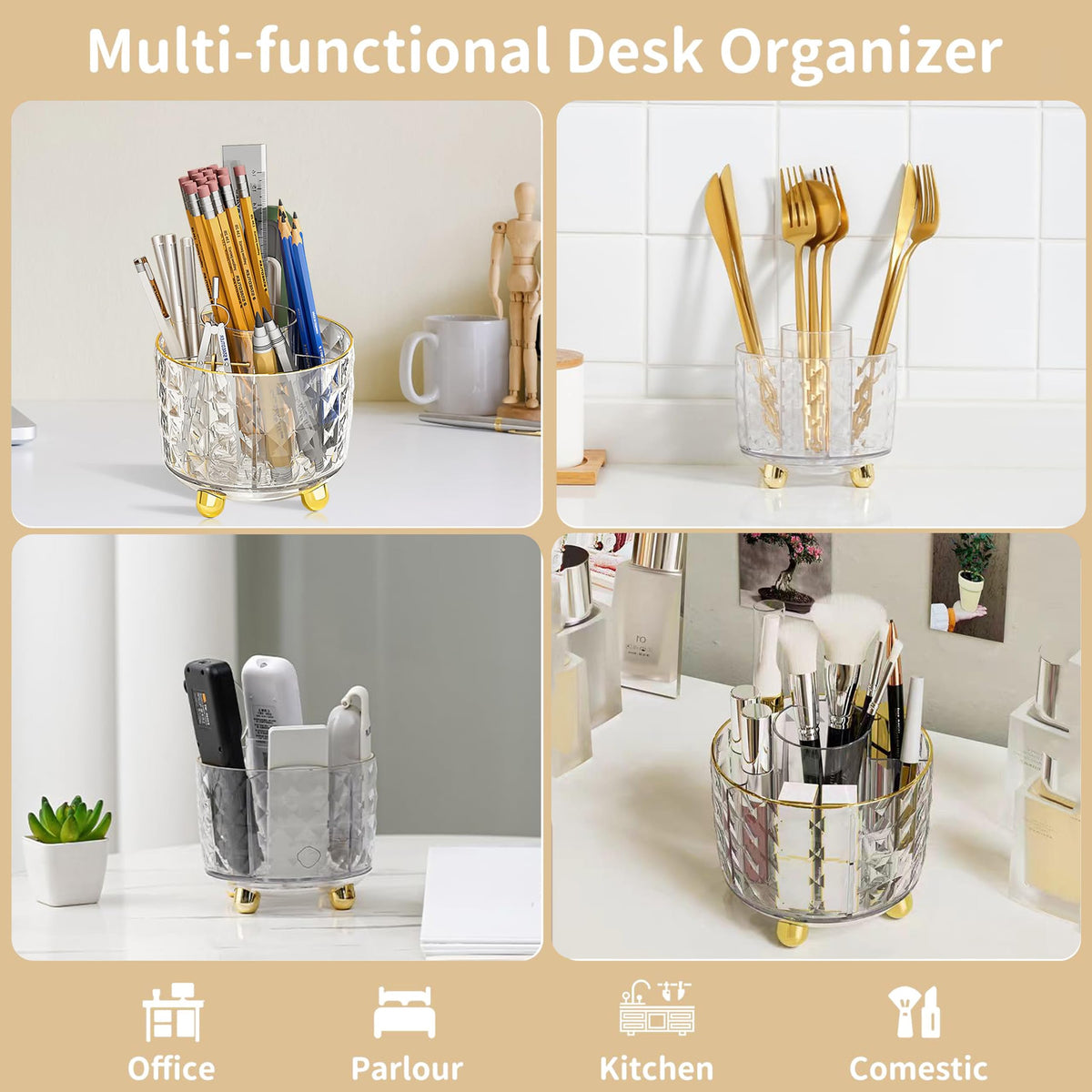 Gold Desk Accessories, Office Desk Organizers and Accessories 360°Pen Holder Acrylic Stapler Set, Phone Holder, Ballpoint Pen, Scissor, Binder Clips, Ruler, Transparent Glue, Sticky Note and Staples.