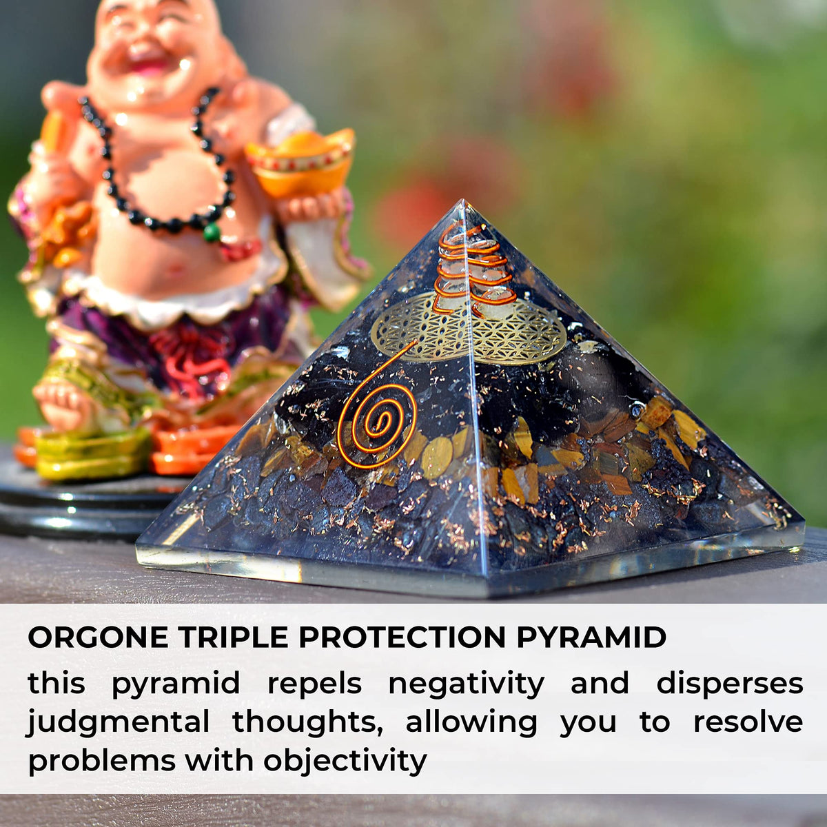 Orgonite Crystal Triple Protection Orgone Pyramid with Black Tourmaline, Tiger Eye and Hematite Crystal – Flower of Life Pyramid for Spiritual Healing, Meditation, Yoga, Reiki Gift, Office, Home Décor